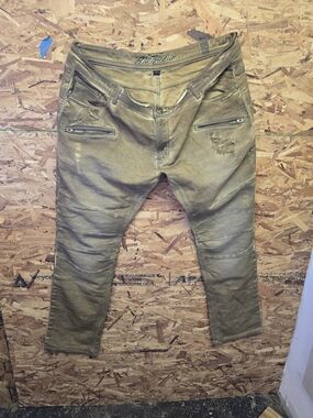 A. Tiziano Distressed Brown/Green Moto Jeans